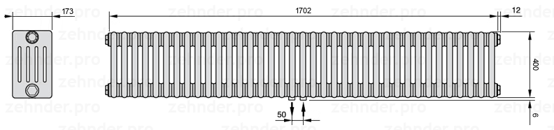 Схема (чертеж) Радиатор Zehnder Charleston 5040/37 №5410 Белый глянцевый RAL 9016